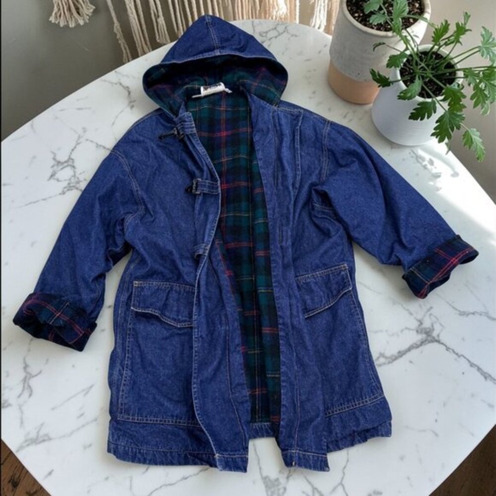 Vintage Talbots Oversize Plaid Lined Denim Jacket Size Medium Wool Lined - Picture 1 of 10